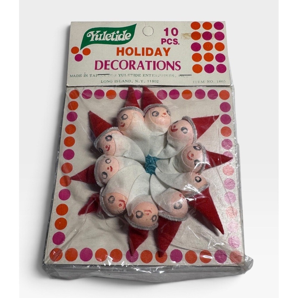 Vintage Yuletide Christmas Pixie Elf Decorations 10 Pc Taiwan NOS